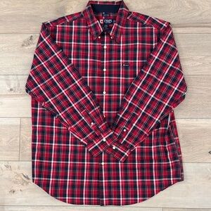 Chaps Men's Easy Care Red White Blue Plaid Button Up Shirt